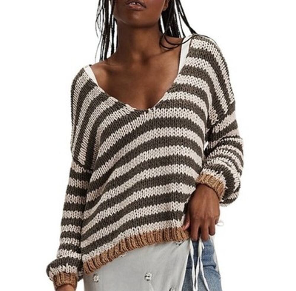 Free People Portland Pullover Olive Striped Chunky Knit V-Neck Sweater M Boho